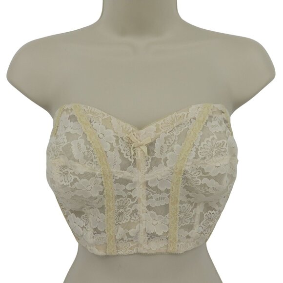 VTG The Woman Within 38D Cream Flower Lace Strapless Longline Corset Bra Boning - Picture 1 of 15